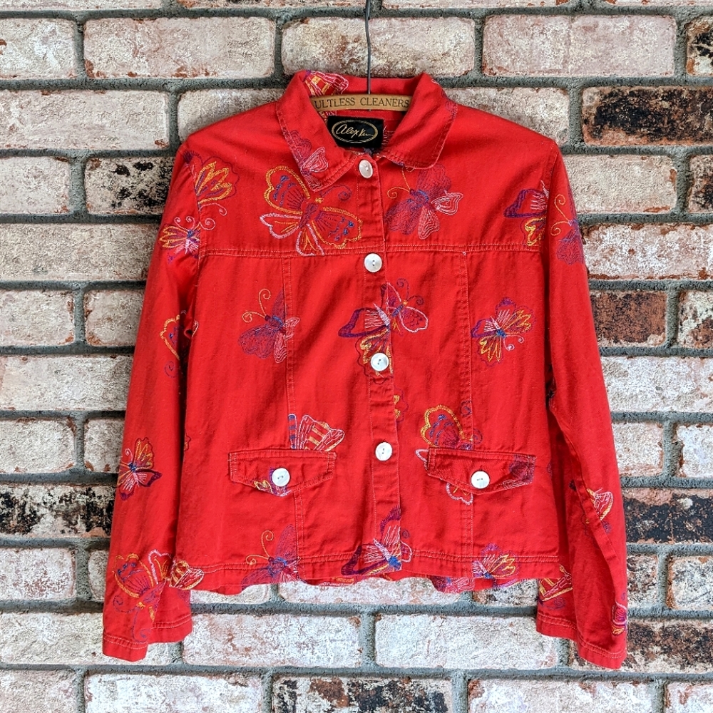 🦋 Alex Kim Embroidered Butterfly Lightweight Red Cotton Jacket Y2K Size 12